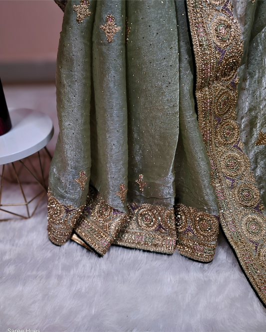 Mint Green Heavy Embroidery Cording Work With Full Body Stone Work