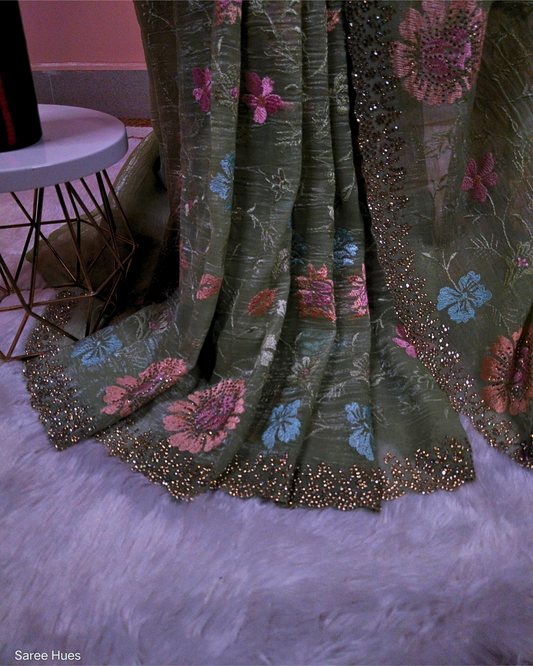 Mint Green|Floral Embroidery|Scallop Border StoneWork Saree