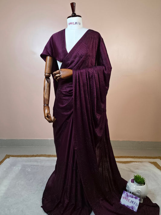 Deep Wine Satin Silk Saree with Geometric Swarovski Crystal Work
