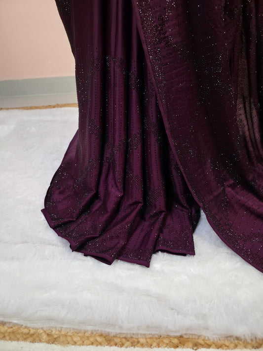 Deep Wine Satin Silk Saree with Geometric Swarovski Crystal Work
