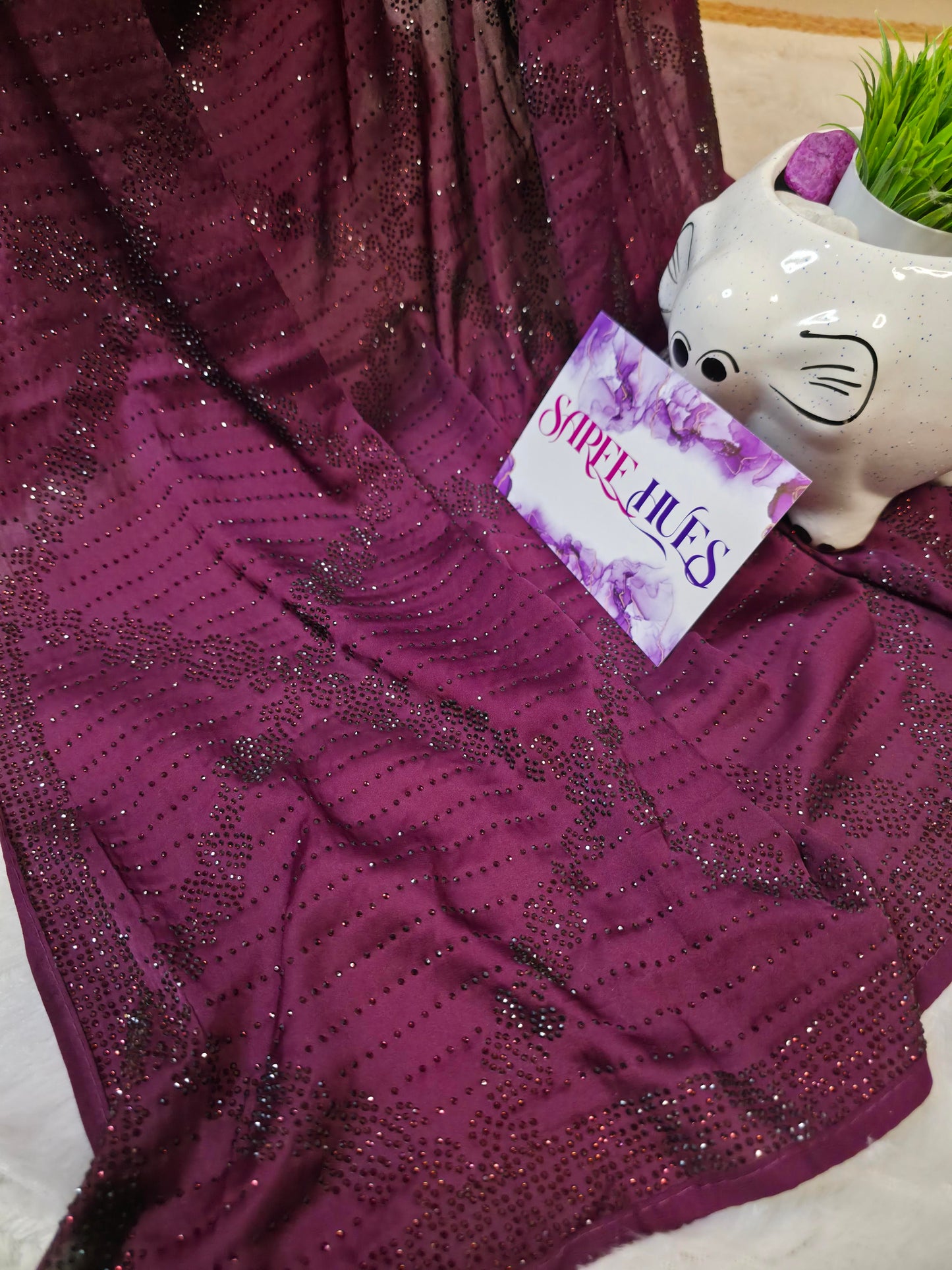 Deep Wine Satin Silk Saree with Geometric Swarovski Crystal Work