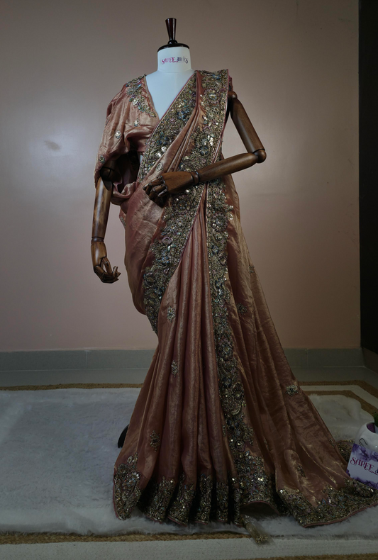 "Rosewood Regal Hand-Embroidered Saree – A Masterpiece of Timeless Elegance”