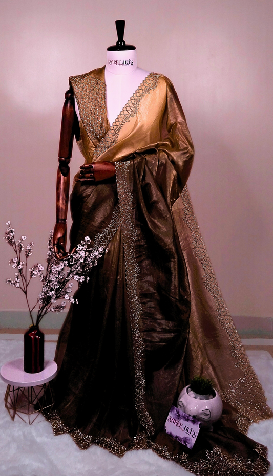 Antique Gold Stone Work Saree – Premium Designer Party Wear Saree
