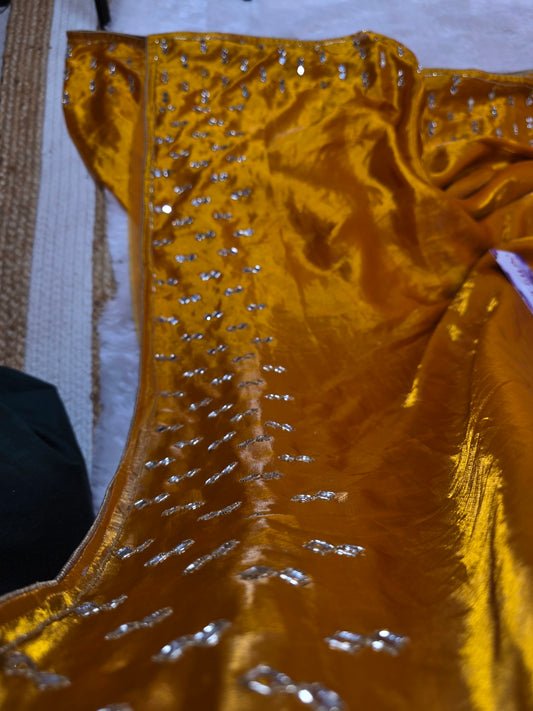 Deep Gold/Ochre tone shimmer original mirror work saree