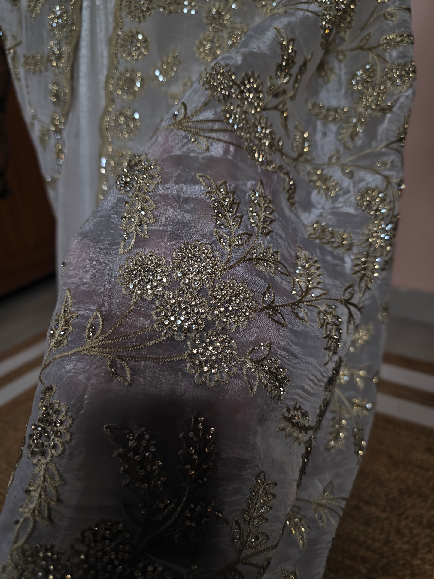 Ivory White Georgette Designer Saree with Scalloped Border & Swarovski Stone Work