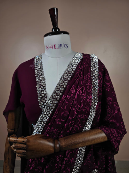 Regal Wine Georgette Saree with Heavy Crystal & Stone Work Border