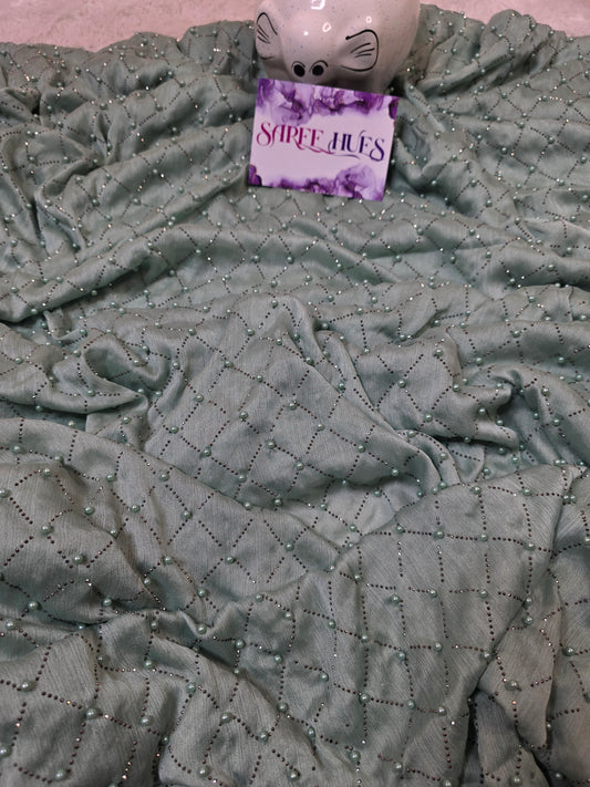 Ethereal Sage Green Shimmer Saree with Geometric Pearl & Stone Lattice Work