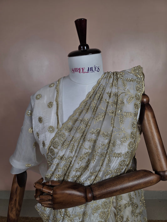 Ivory White Georgette Designer Saree with Scalloped Border & Swarovski Stone Work