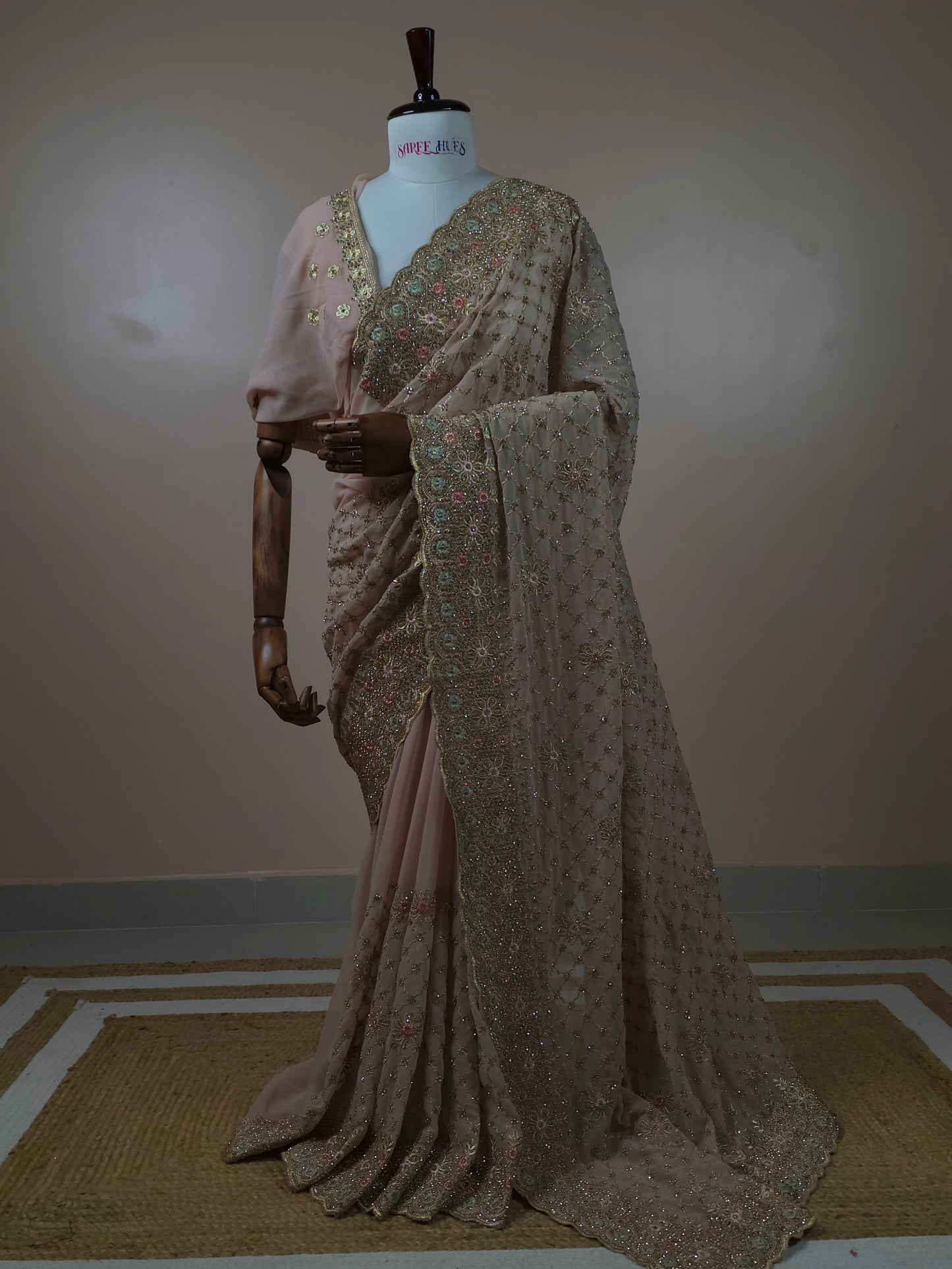 Dusty Pink Georgette Designer Saree with Floral Scalloped Border & Swarovski Work