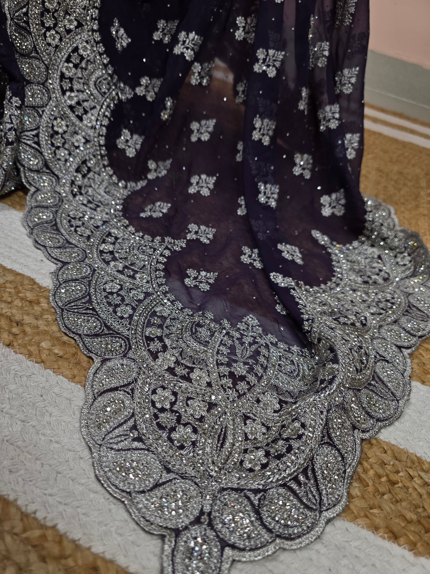 Violet Heavy Georgette, Scalloped Cut-Work Border With Elaborate Floral Patterns In Silver.