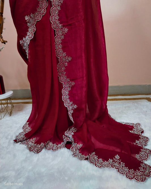 Rani-Pink Premium Stonework Saree | Reception wear | Party Wear | Heavy Border & Blouse.