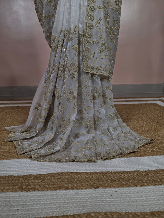 Ivory White Georgette Designer Saree with Scalloped Border & Swarovski Stone Work