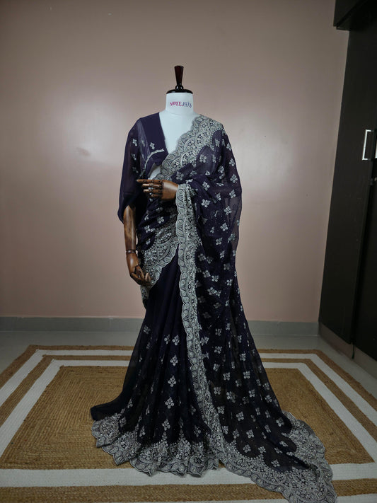 Violet Heavy Georgette, Scalloped Cut-Work Border With Elaborate Floral Patterns In Silver.