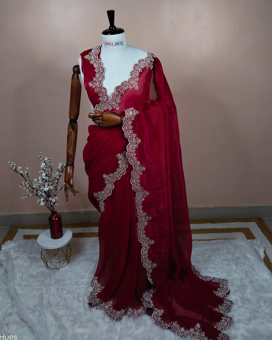 Rani-Pink Premium Stonework Saree | Reception wear | Party Wear | Heavy Border & Blouse.