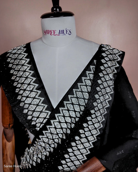 Jet Black | Premium Quality Soft Silk | Heavy Border Stonework | Micro Stonework All Over Body