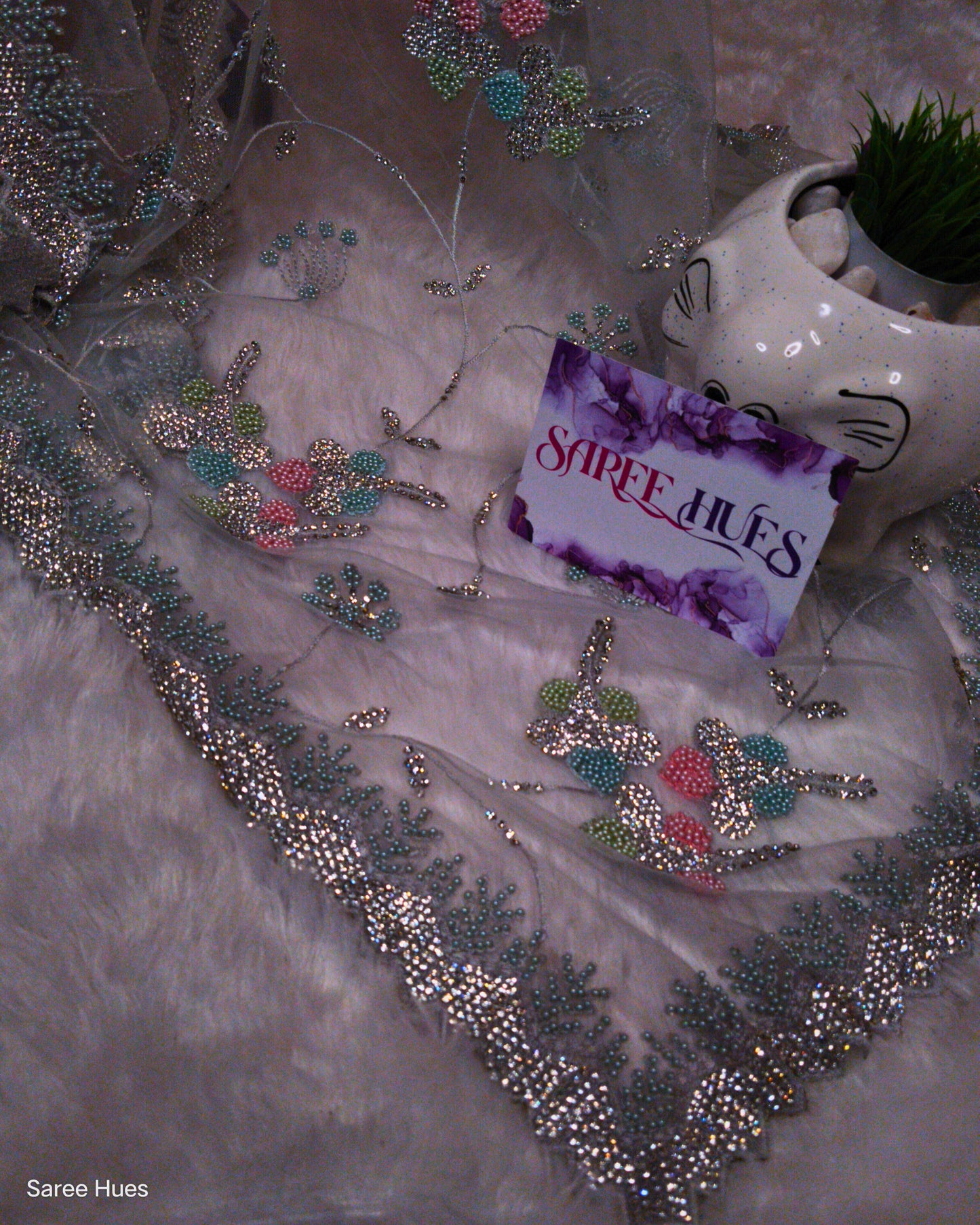 Skyblue Tinted Full Work Saree|Reception Wear|Party Wear Beaded Stonework Saree.