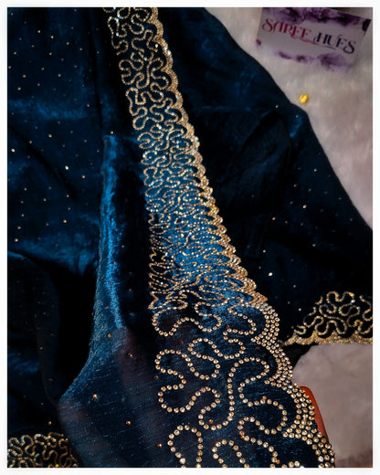 Peacock  Blue Zewroski Stonework Saree