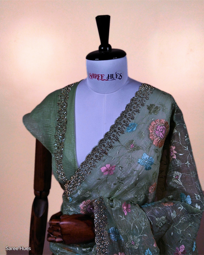 Mint Green|Floral Embroidery|Scallop Border StoneWork Saree