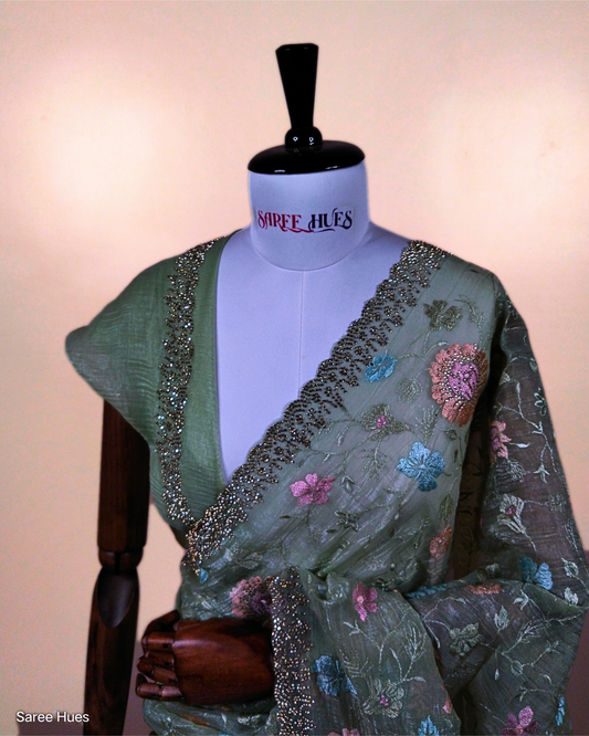 Mint Green|Floral Embroidery|Scallop Border StoneWork Saree