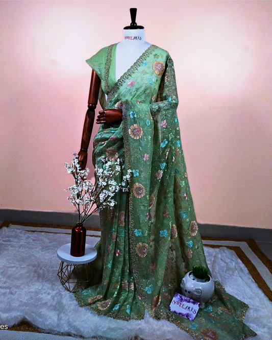 Mint Green|Floral Embroidery|Scallop Border StoneWork Saree