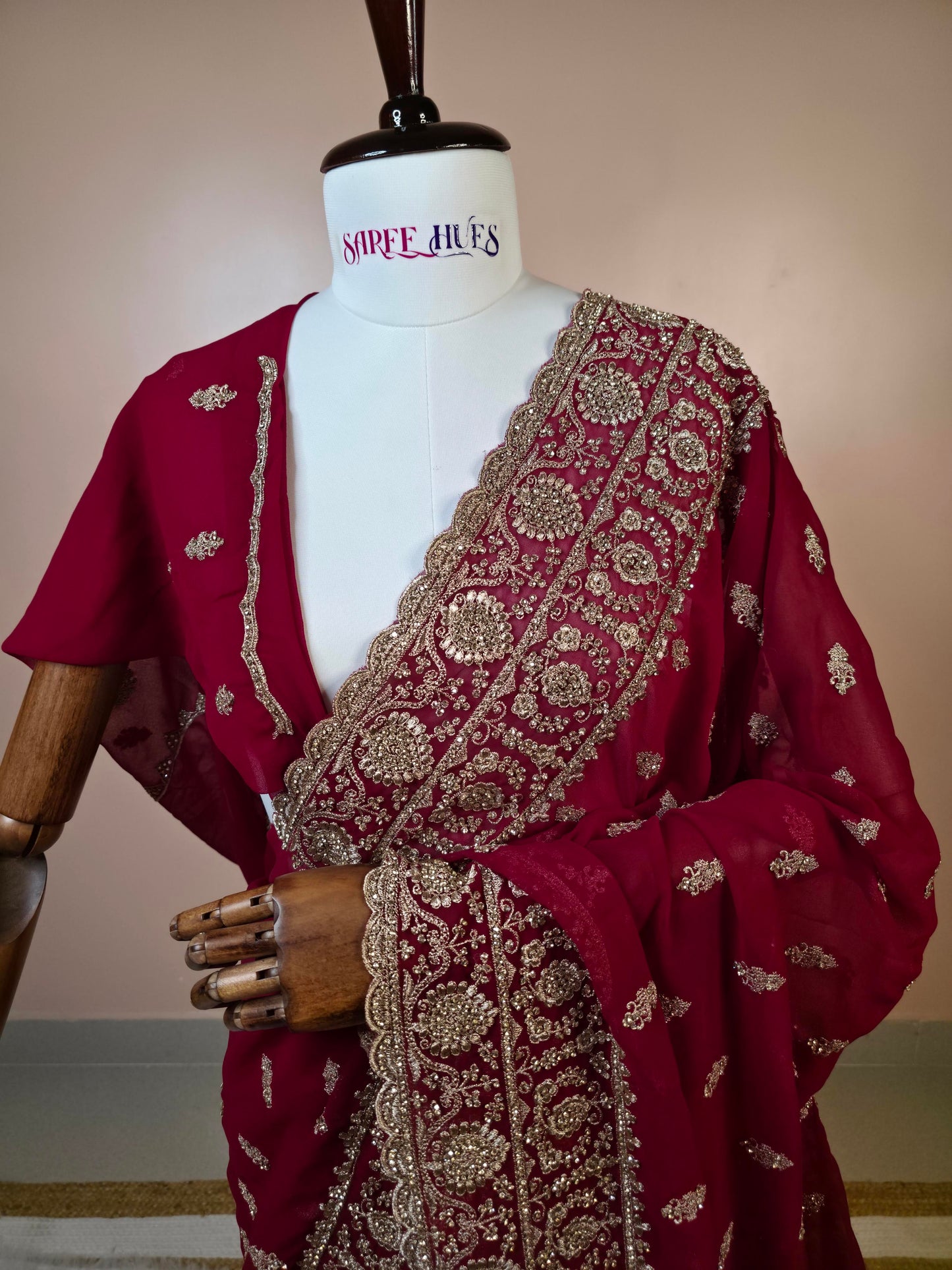 “Crimson Royal Zari Embroidered Saree – Timeless Grandeur in Every Detail”