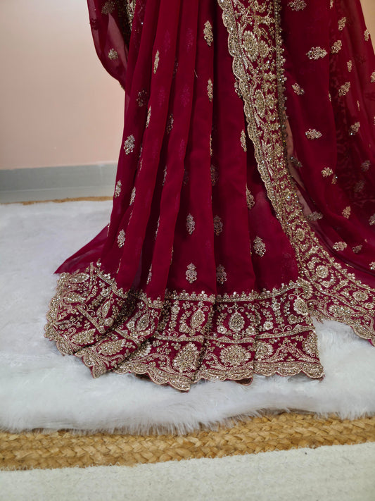 “Crimson Royal Zari Embroidered Saree – Timeless Grandeur in Every Detail”