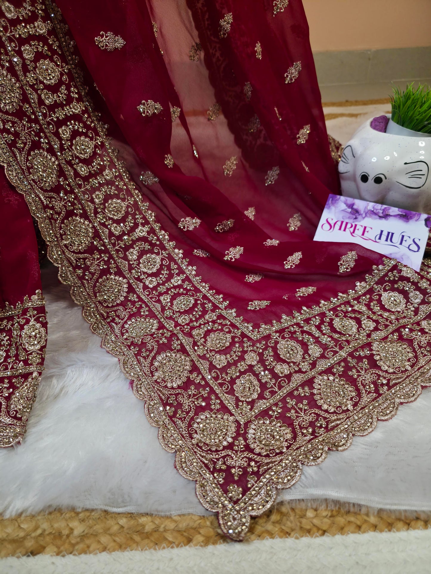 “Crimson Royal Zari Embroidered Saree – Timeless Grandeur in Every Detail”