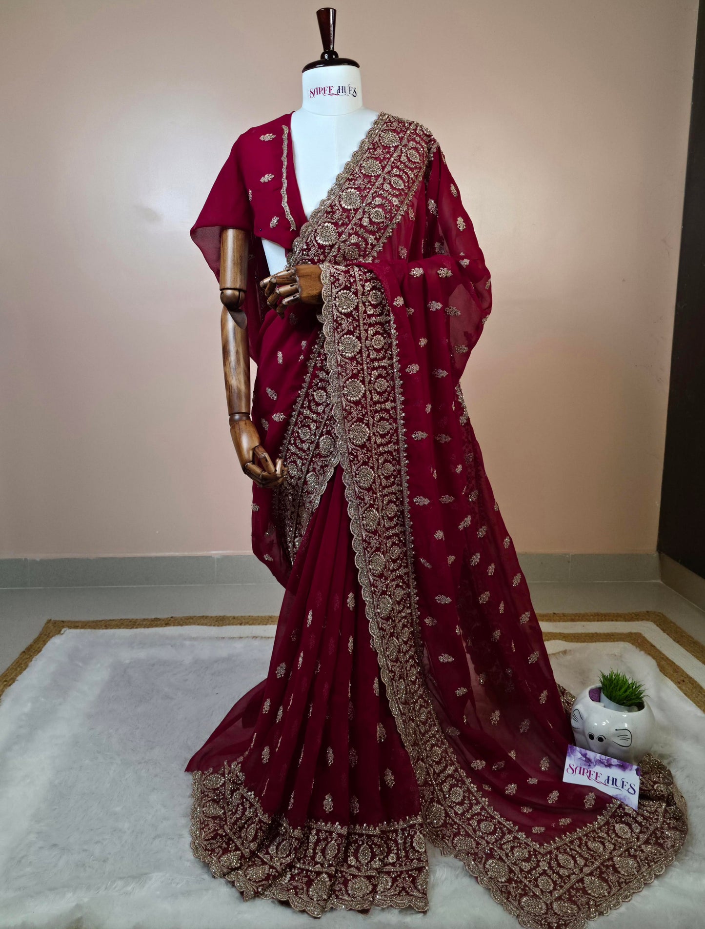 “Crimson Royal Zari Embroidered Saree – Timeless Grandeur in Every Detail”