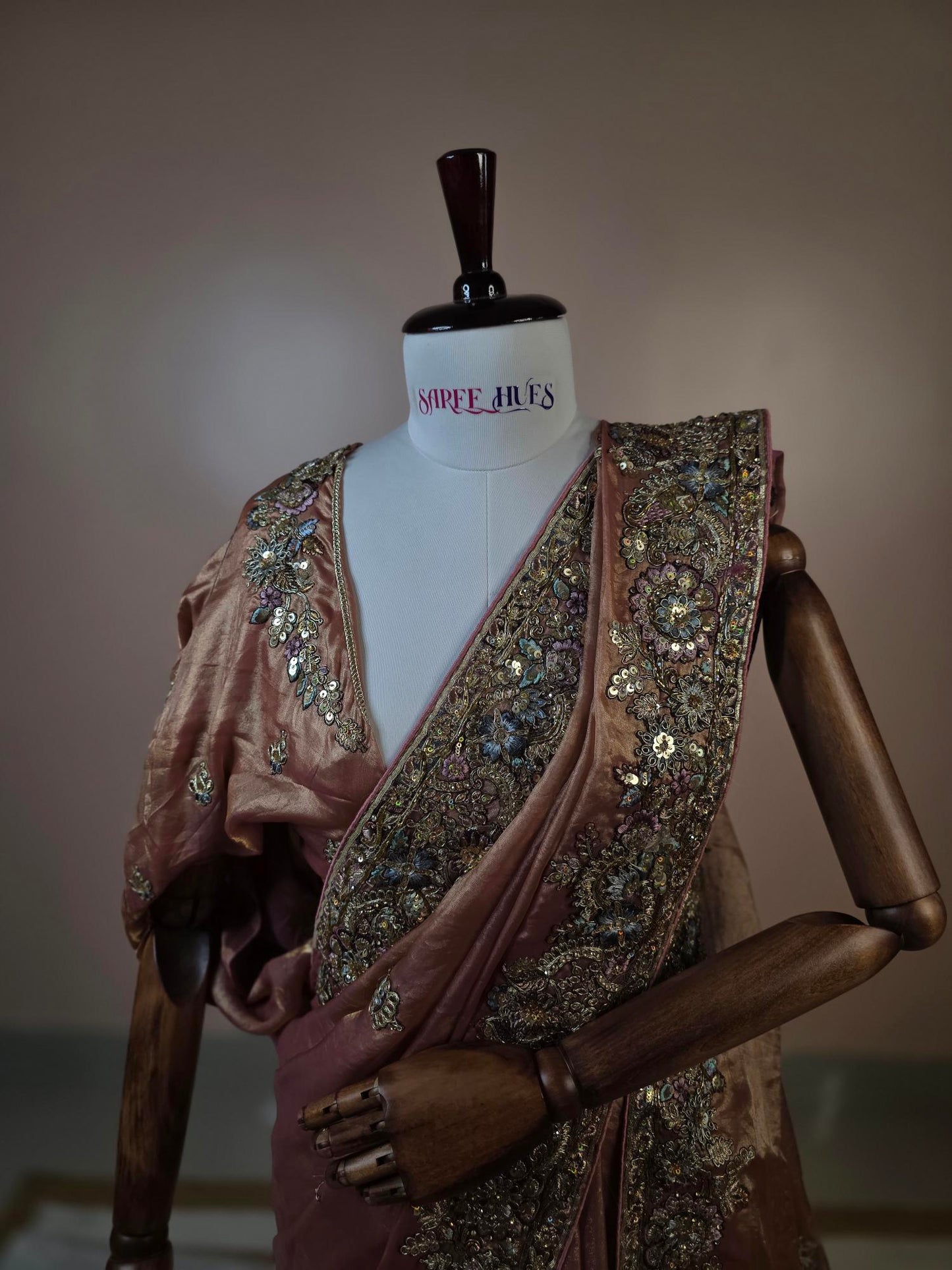 "Rosewood Regal Hand-Embroidered Saree – A Masterpiece of Timeless Elegance”