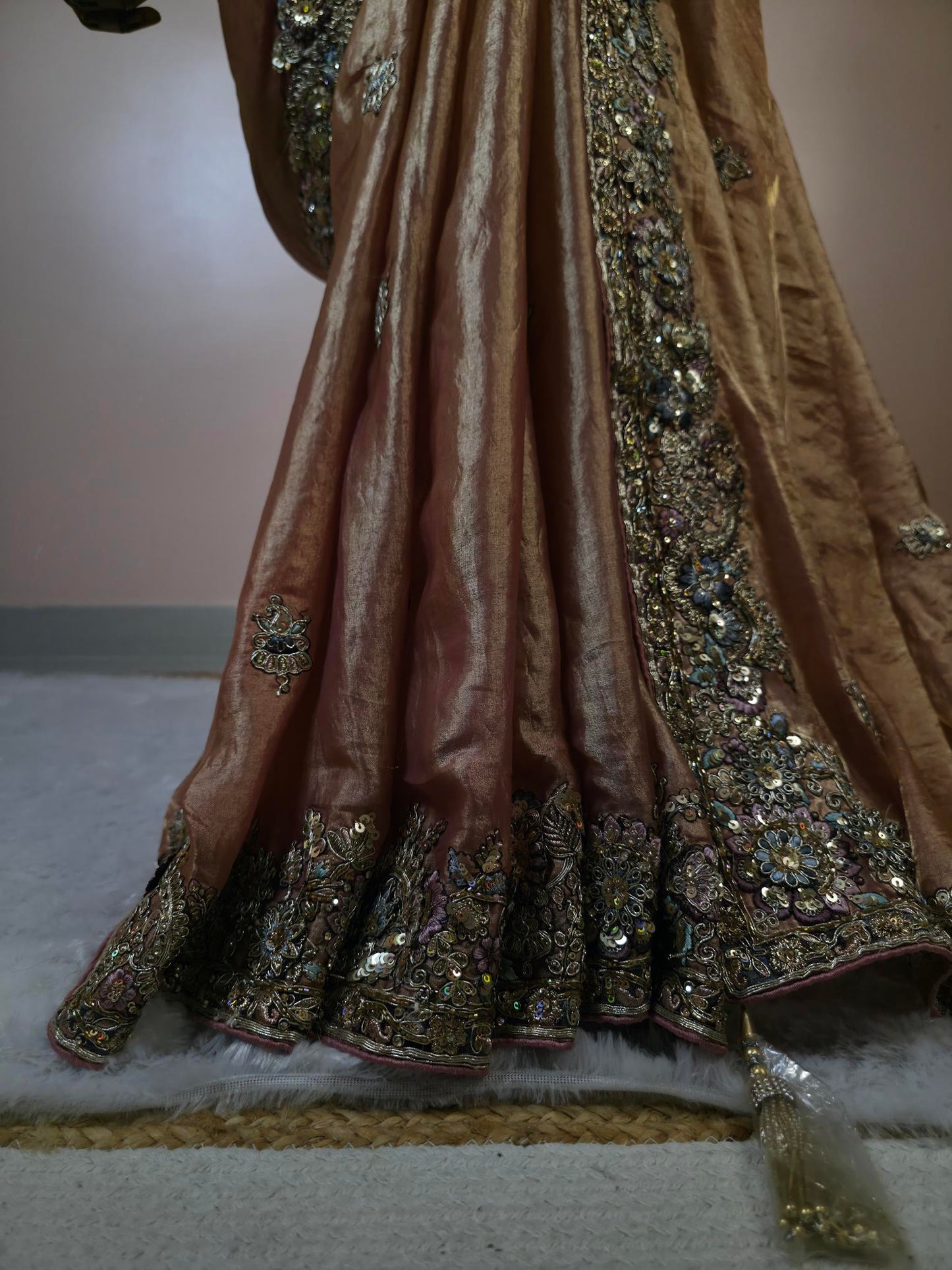 "Rosewood Regal Hand-Embroidered Saree – A Masterpiece of Timeless Elegance”