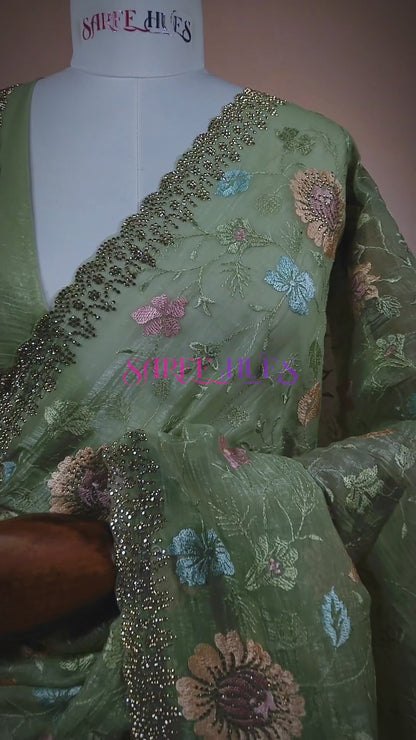 Mint Green|Floral Embroidery|Scallop Border StoneWork Saree