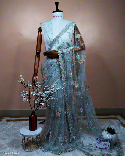 Skyblue Tinted Full Work Saree|Reception Wear|Party Wear Beaded Stonework Saree.