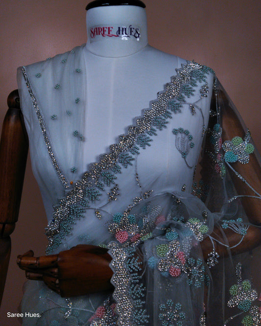 Skyblue Tinted Full Work Saree|Reception Wear|Party Wear Beaded Stonework Saree.