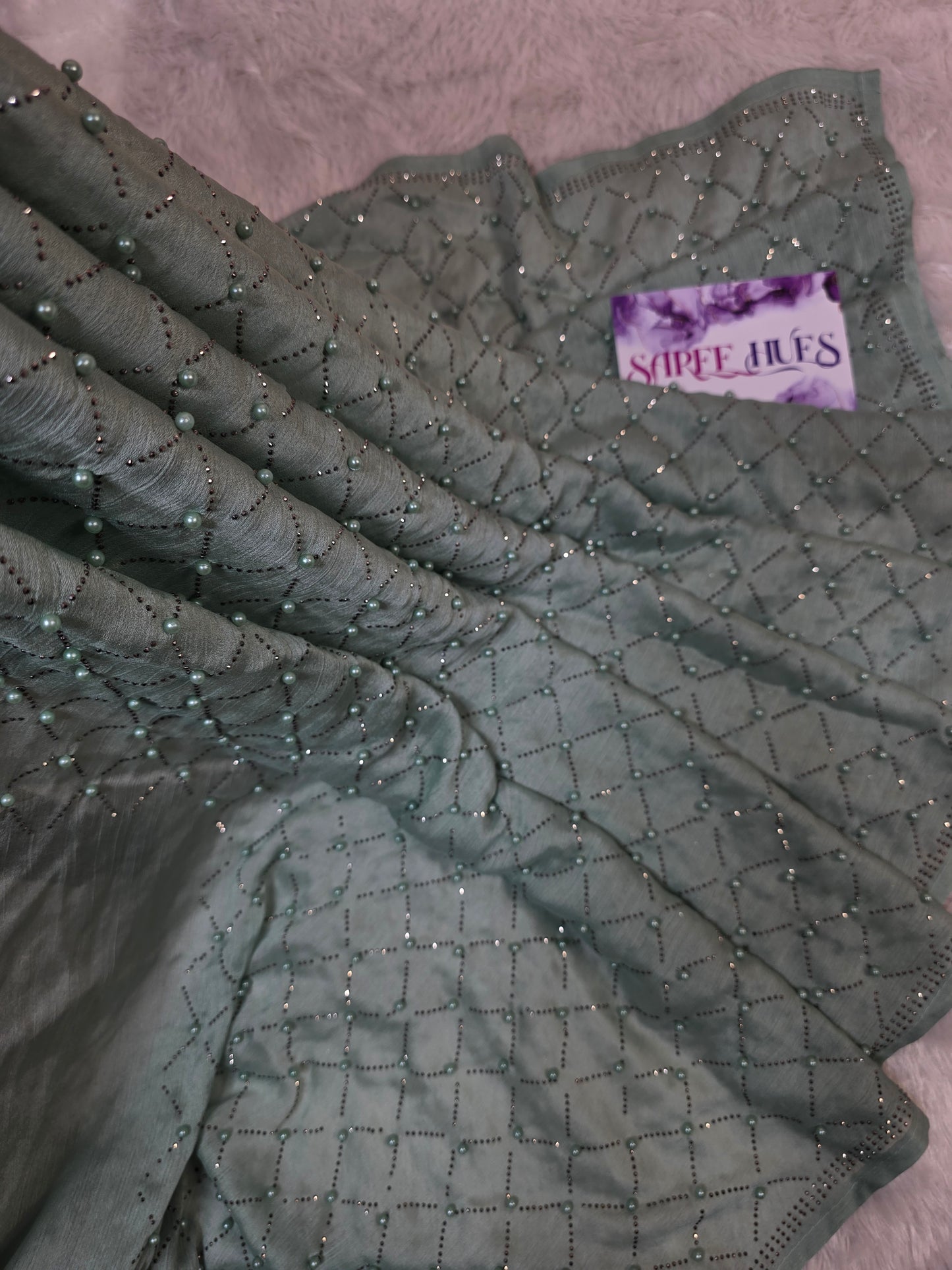 Ethereal Sage Green Shimmer Saree with Geometric Pearl & Stone Lattice Work