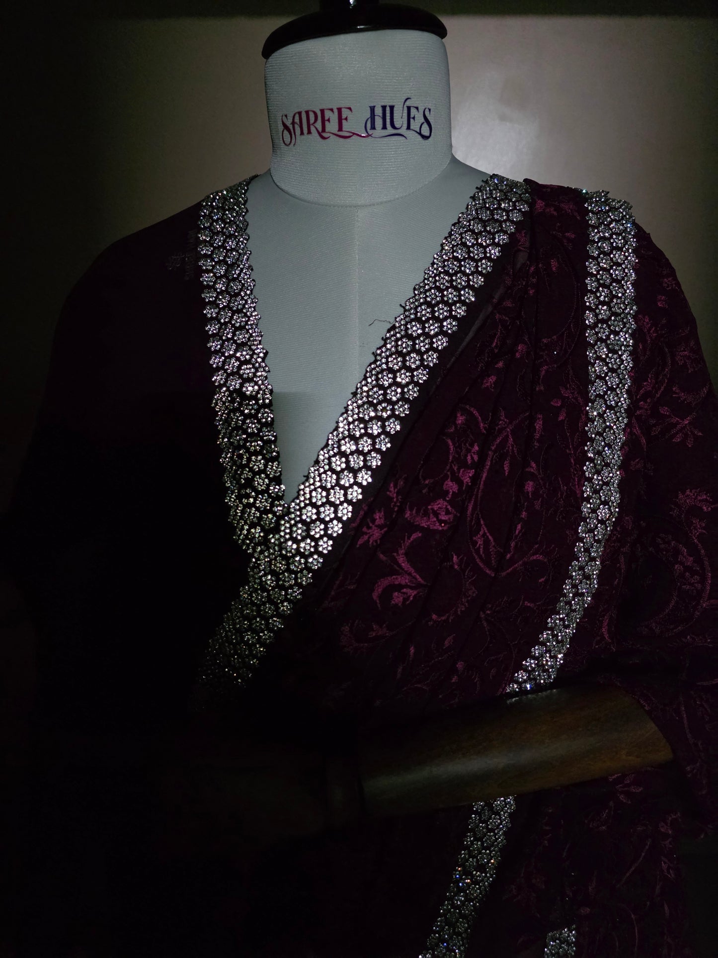 Regal Wine Georgette Saree with Heavy Crystal & Stone Work Border