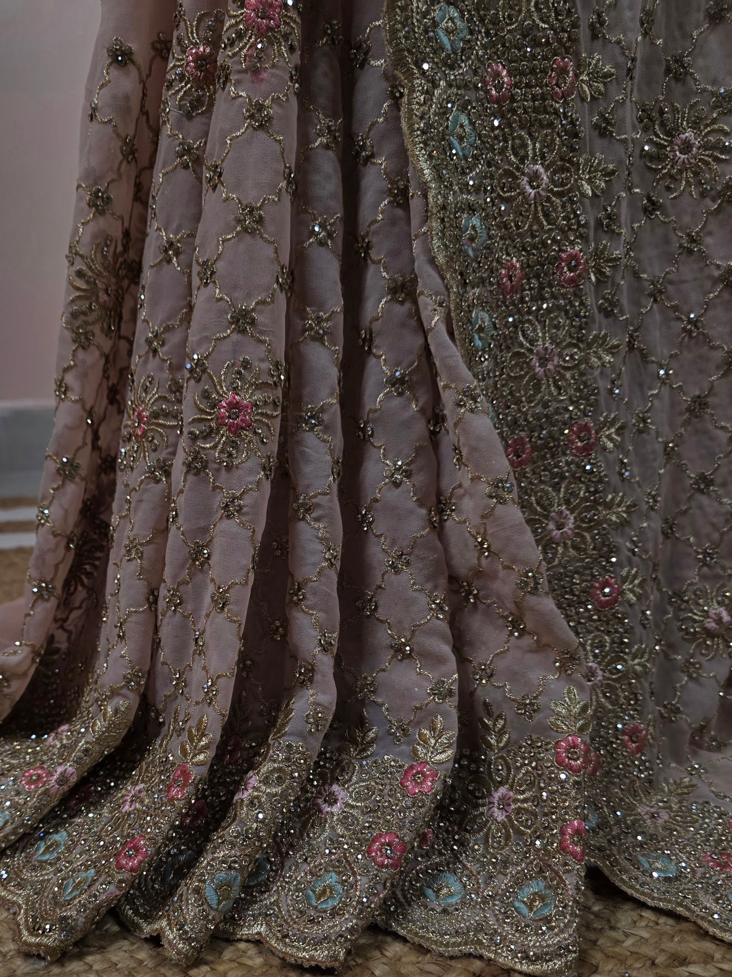 Dusty Pink Georgette Designer Saree with Floral Scalloped Border & Swarovski Work