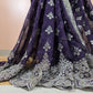 Violet Heavy Georgette, Scalloped Cut-Work Border With Elaborate Floral Patterns In Silver.