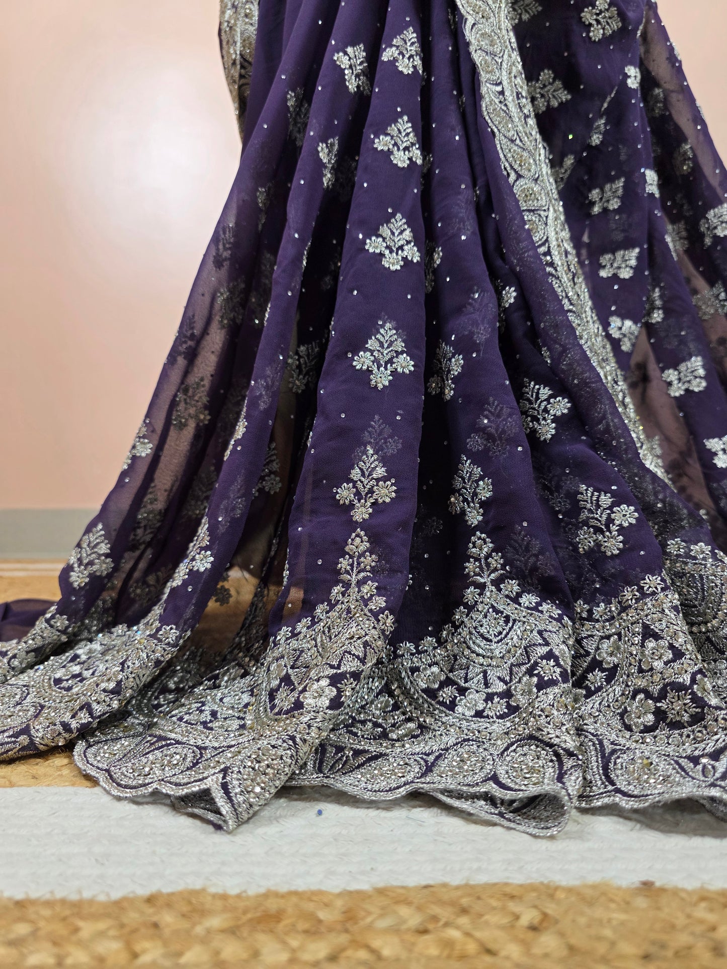 Violet Heavy Georgette, Scalloped Cut-Work Border With Elaborate Floral Patterns In Silver.