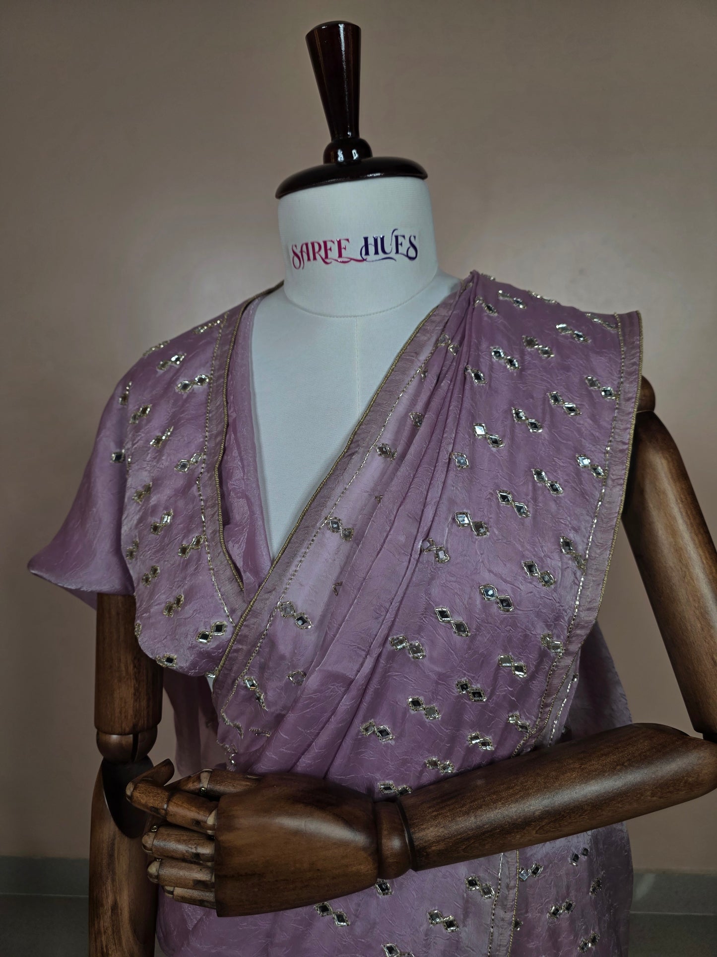 mirror work on mauve crush tissue saree or Full view of lavender designer saree 