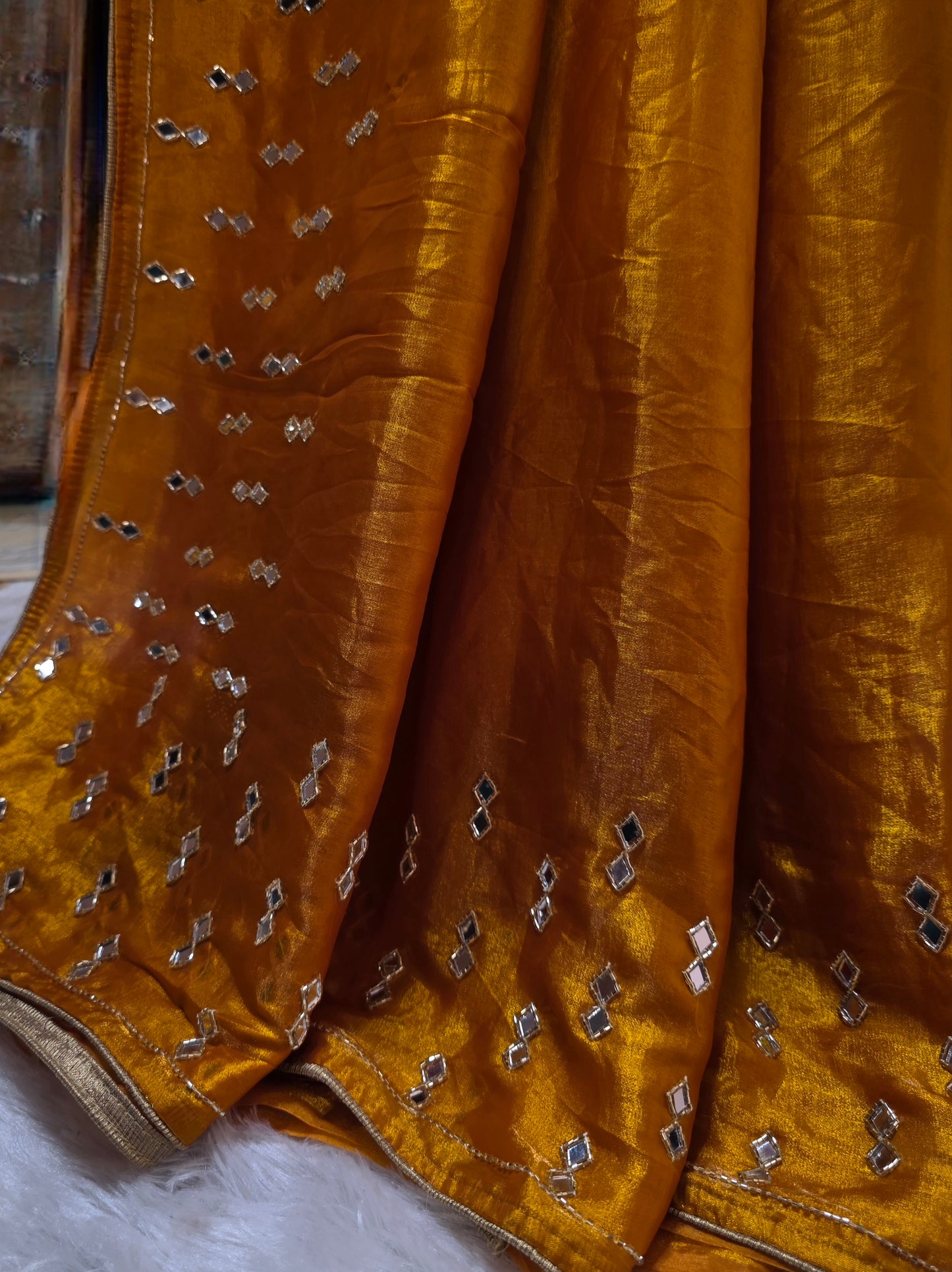 Deep Gold/Ochre tone shimmer original mirror work saree
