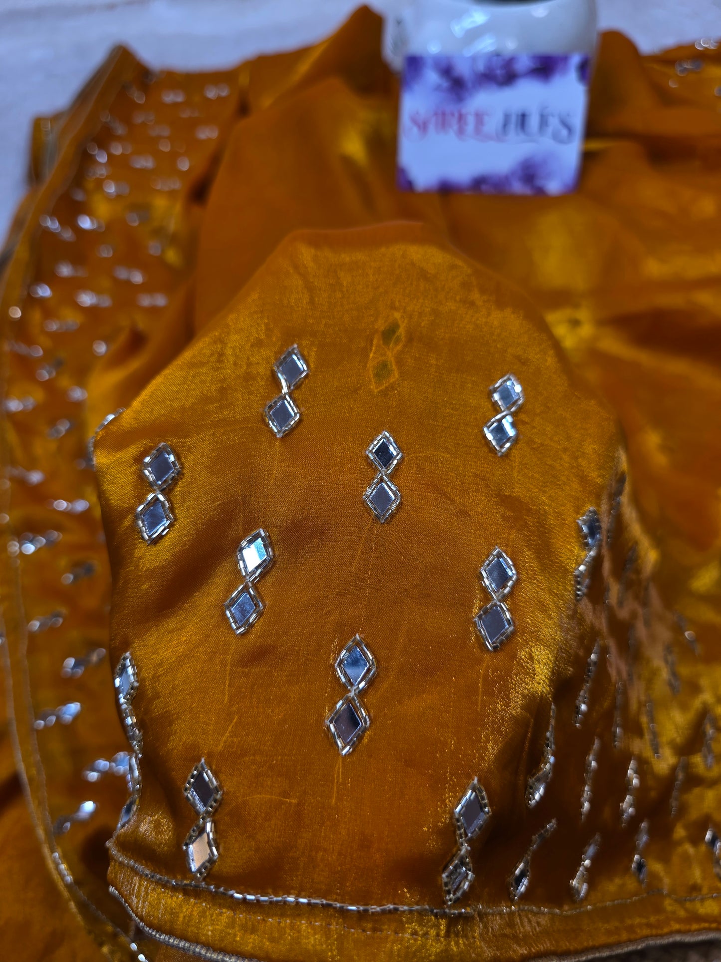 Deep Gold/Ochre tone shimmer original mirror work saree