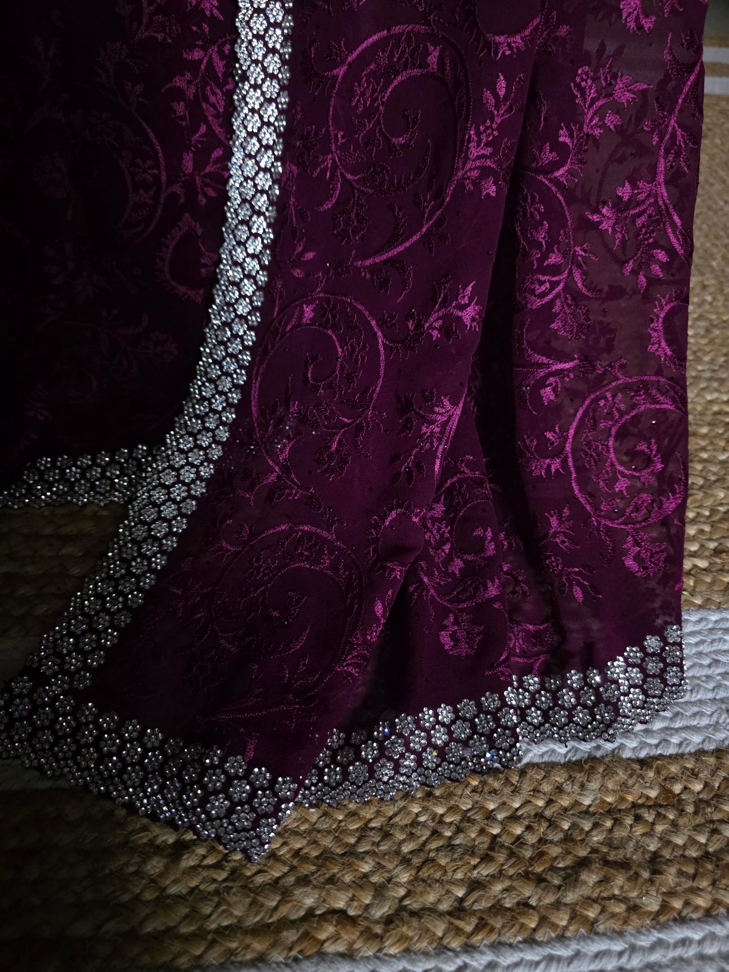 Regal Wine Georgette Saree with Heavy Crystal & Stone Work Border