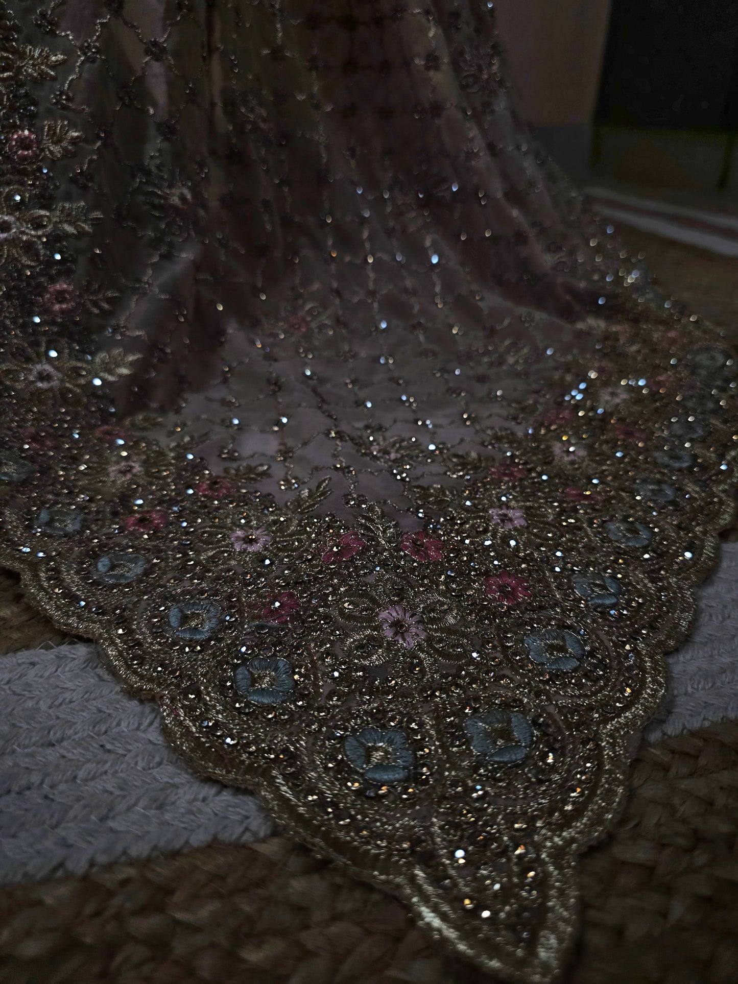 Dusty Pink Georgette Designer Saree with Floral Scalloped Border & Swarovski Work