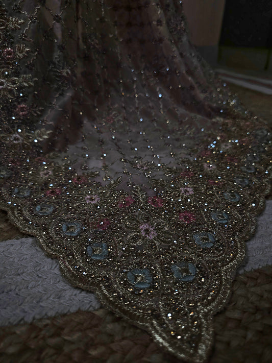 Dusty Pink Georgette Designer Saree with Floral Scalloped Border & Swarovski Work