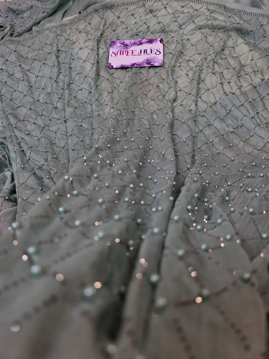 Ethereal Sage Green Shimmer Saree with Geometric Pearl & Stone Lattice Work