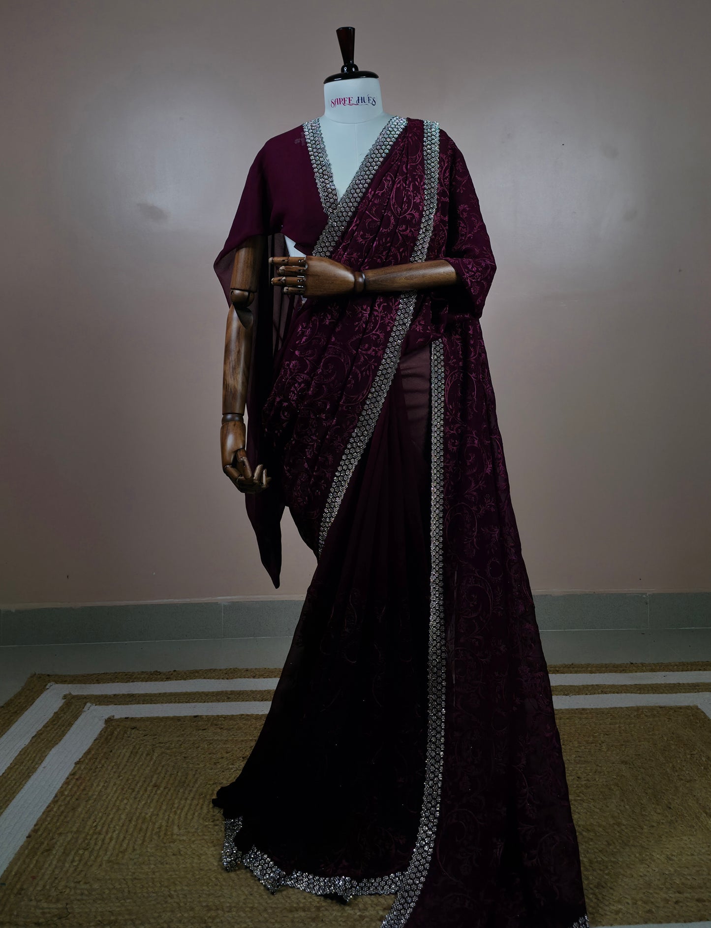 Regal Wine Georgette Saree with Heavy Crystal & Stone Work Border