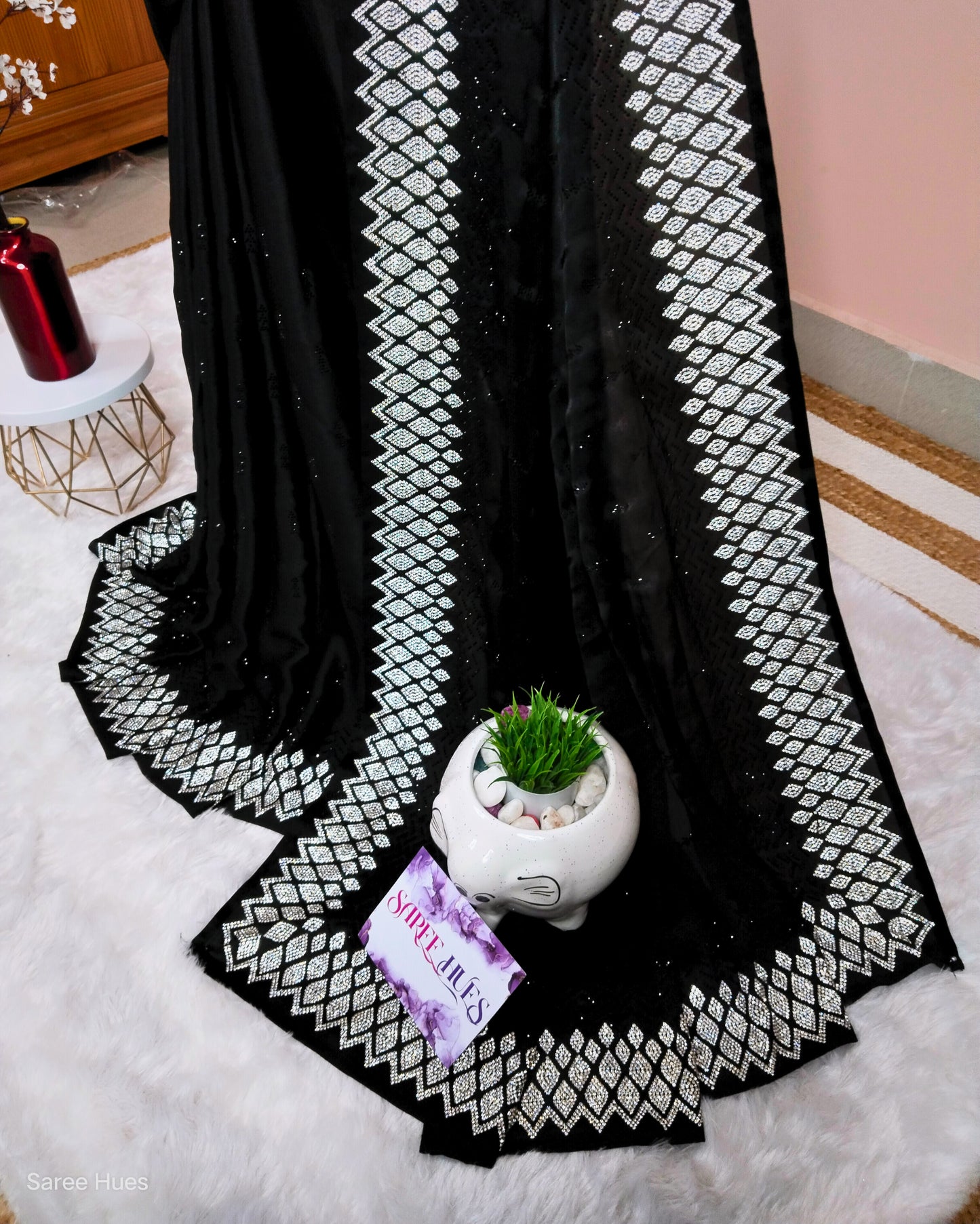 Jet Black|Premium Quality Soft Silk|Heavy Border Stonework|&Micro Stonework All Over Body