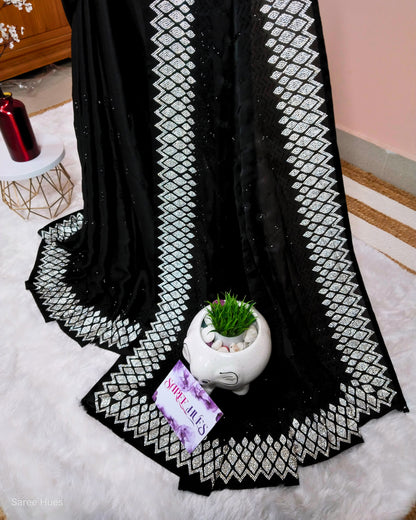 Jet Black|Premium Quality Soft Silk|Heavy Border Stonework|&Micro Stonework All Over Body