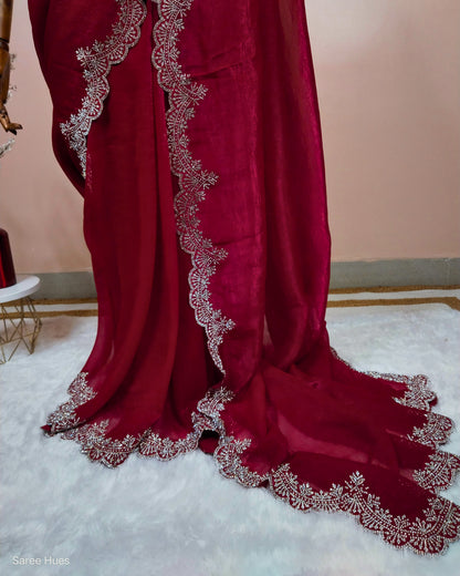 Rani-Pink Premium Stonework Saree|Reception wear|Party Wear|Heavy Border &Blouse.