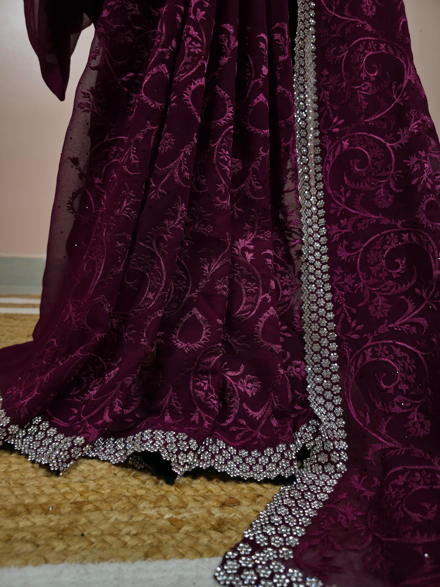 Regal Wine Georgette Saree with Heavy Crystal & Stone Work Border